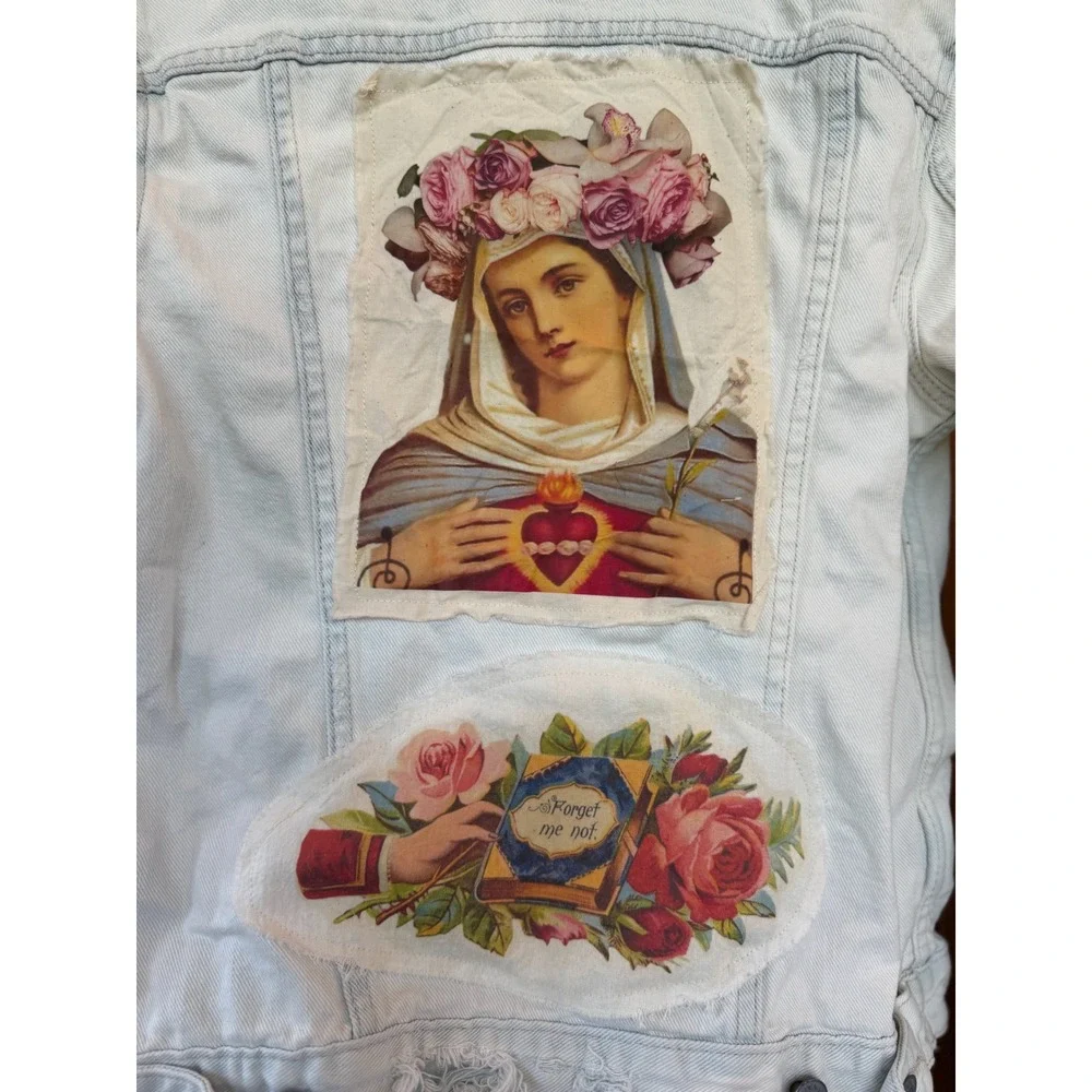 Upcycled‎ Light Blue Denim Jacket Sacred Heart Madonna Folk Art Boho Small